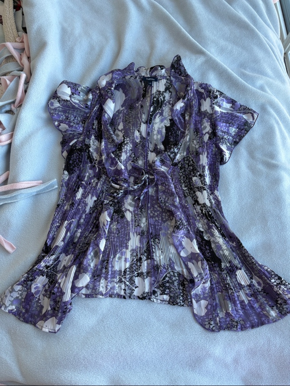 Reitmans Y2K Fairycore Purple Floral Pleated Tie Blouse Cardigan